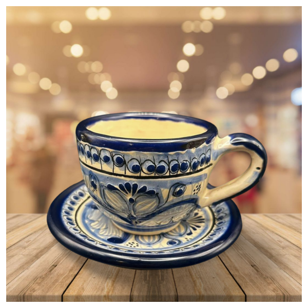 Taza con Plato Talavera Diseño Puntos Azul Fuerte