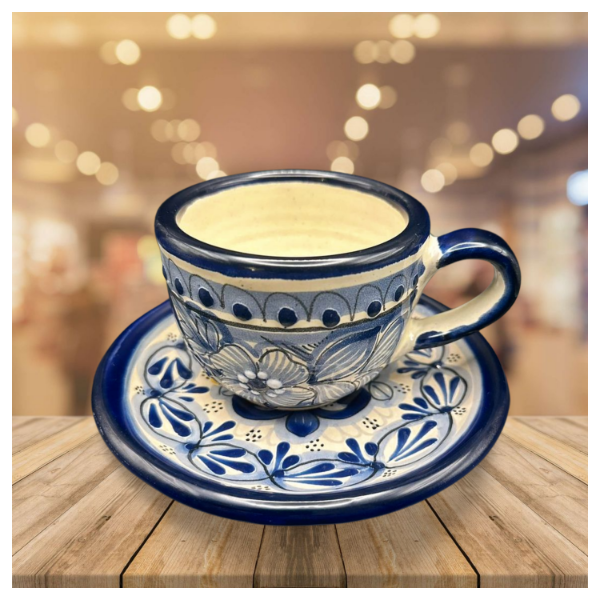 Taza con plato talavera diseño flor azul cielo